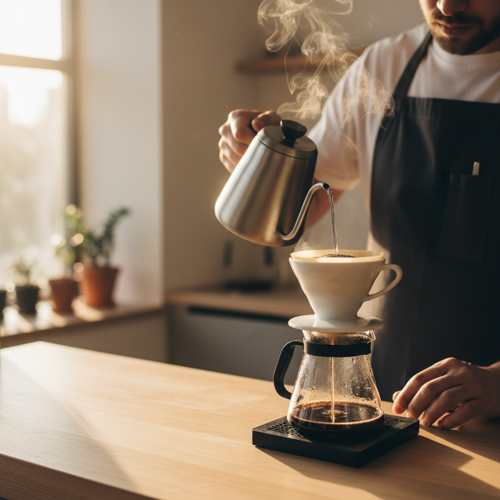 Skilled barista carefully pouring hot water over specialty coffee grounds in a ceramic dripper, close-up, steam rising, warm amber morning light, minimalist wooden café counter, calm and precise, photorealistic