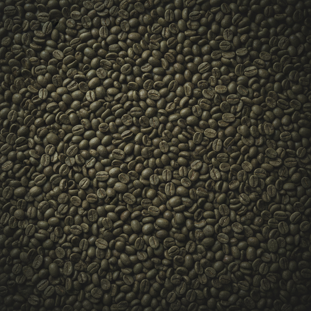 Overhead flat lay of raw green coffee beans covering entire surface, texture photograph, dark moody, earthy tones