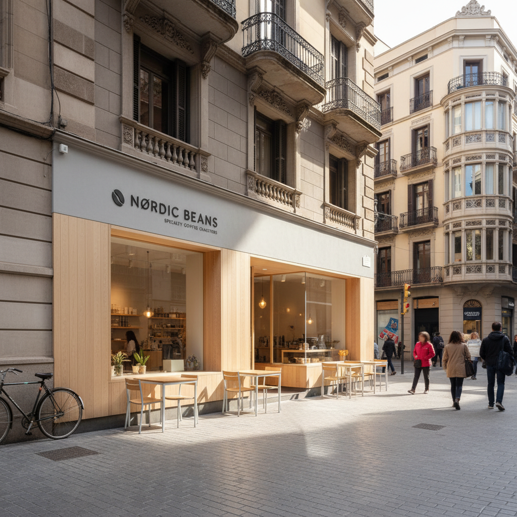 Exterior of a minimalist Nordic-inspired specialty coffee café on a Barcelona street, clean signage, warm interior glow visible through large windows, morning light on the pavement, charming Eixample architecture in background, photorealistic