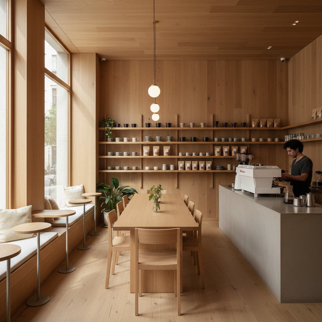 Cozy minimalist specialty coffee café interior in Barcelona, Scandinavian design with warm wood tones, large windows, clean shelving with ceramic mugs and coffee equipment, soft natural light, inviting atmosphere, photorealistic