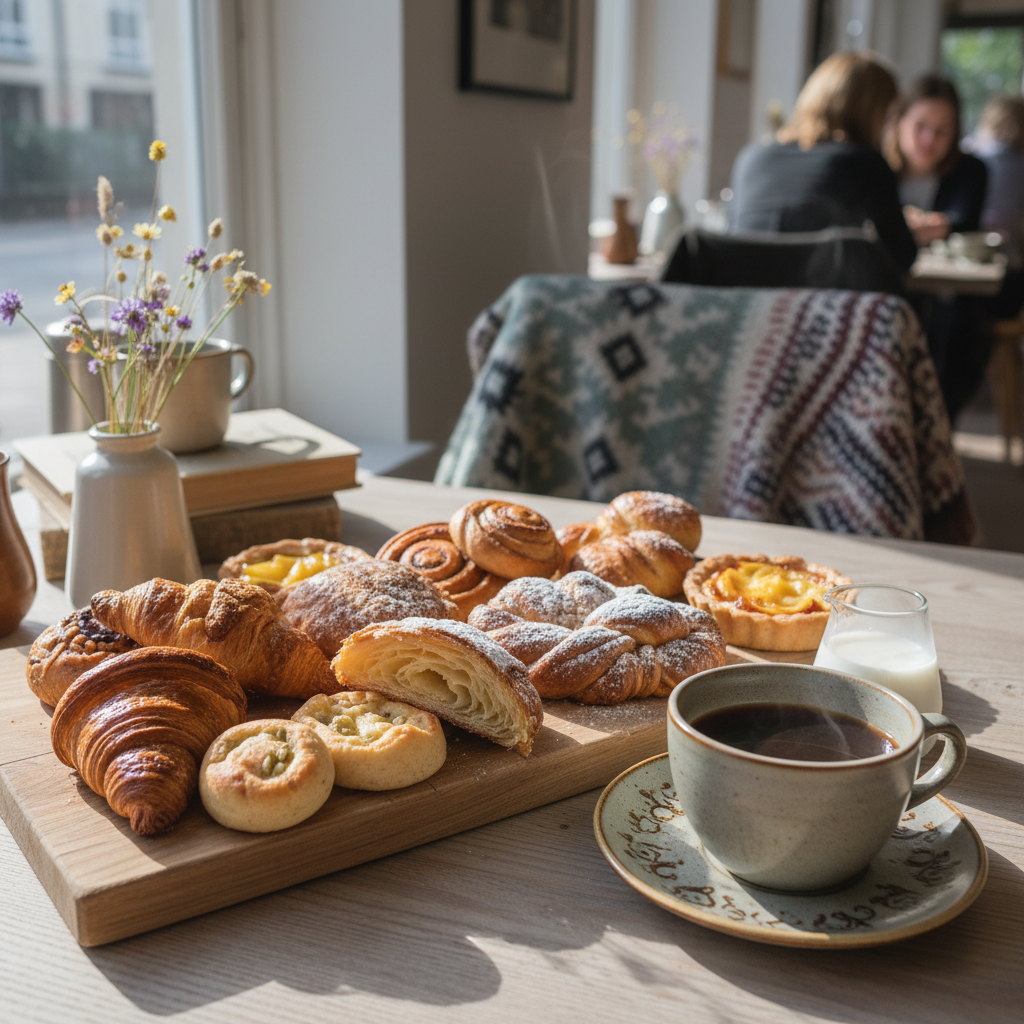 Fresh pastries on a wooden board beside a coffee cup in a cozy Scandinavian café, warm morning light, rustic textures, croissant and pastry selection, hygge atmosphere, photorealistic