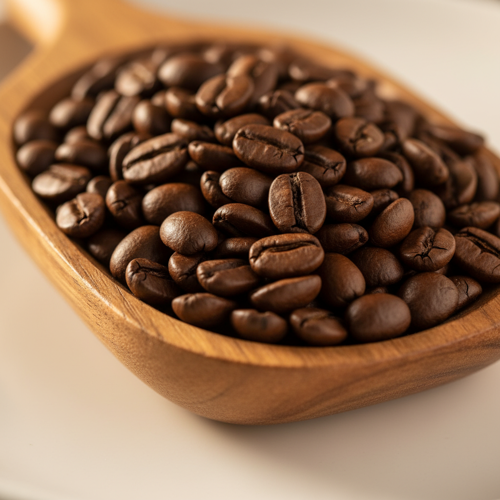 Freshly roasted coffee beans displayed in a wooden scoop on a clean white surface, warm brown tones, close up macro photography, artisan specialty coffee, shallow depth of field, warm lighting