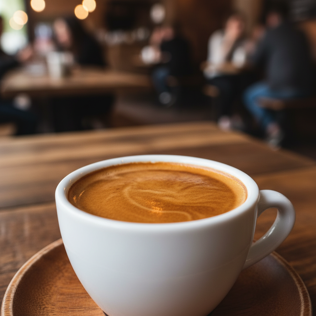 Double espresso shot in small white ceramic cup on wooden saucer, crema on top, dark coffee, warm café atmosphere, rich brown tones, shallow depth of field, photorealistic close-up photography