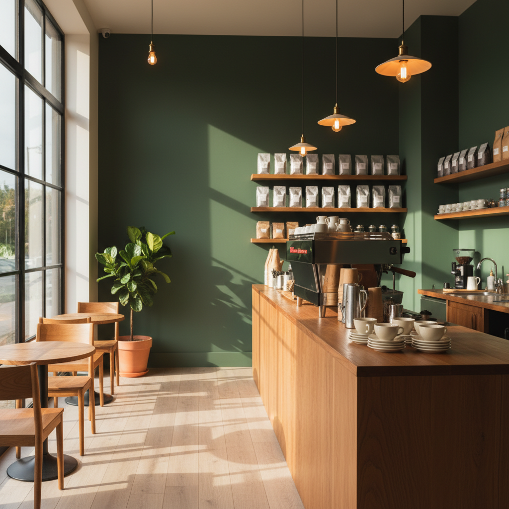 Warm, inviting specialty coffee café interior with minimalist Scandinavian design, wooden counter, soft morning light streaming through large windows, ceramic cups, deep forest green walls, cozy atmosphere, photorealistic photography