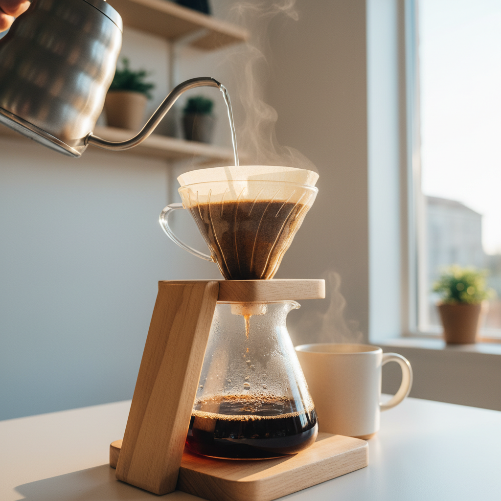 Single-origin pour-over coffee being brewed in a bright Scandinavian-style café, clear glass carafe on wooden stand, clean minimalist background, morning light, coffee blooming, photorealistic photography warm tones