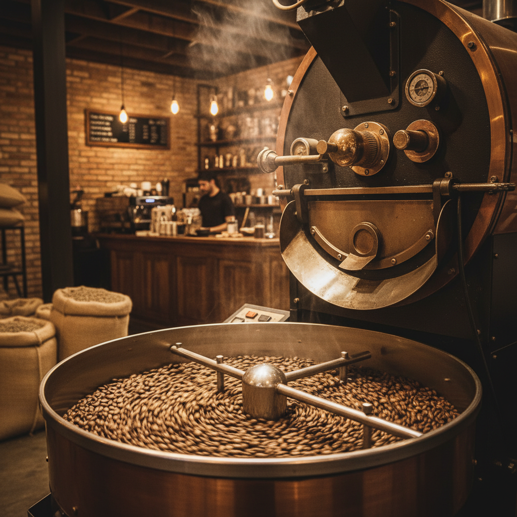 Coffee roasting drum with green coffee beans visible, warm industrial setting inside a cozy café, rich golden brown tones, steam and heat visible, artisan roasting process, photorealistic photography